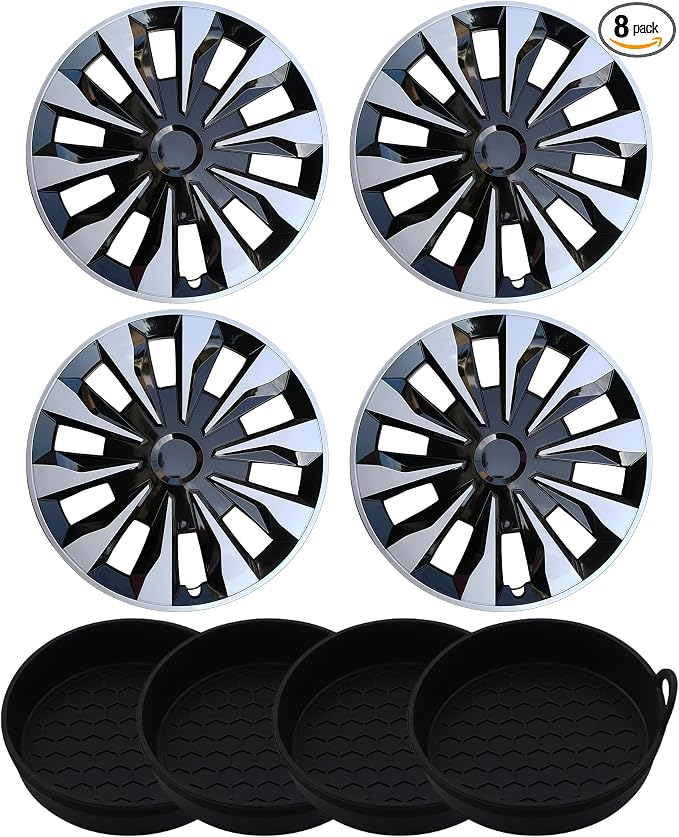 Hubcap Wheel Cover Universal-Fit R16 Steel Wheel with Cup Coaster Kit | Stylish Hub Caps Iron Wheel Rims Cover ABS Tire Cap Upgrade Your Car Truck Sedan SUV Van-Set of 4（16-inch Kit，Silver-Black）