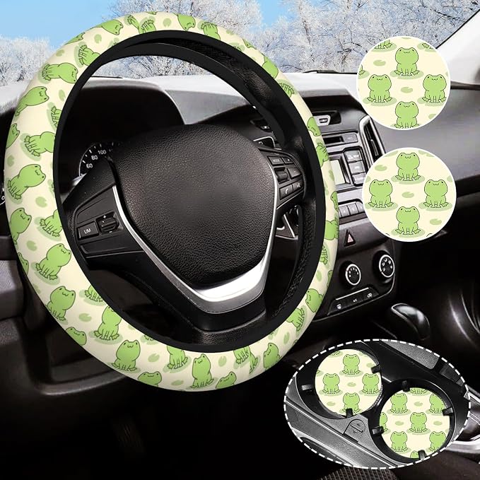 Frog Steering Wheel Cover Anti-Slip and Practical 14.5-15 Inch Universal Car Steering Wheel Cover with 2 Pieces Car Coasters Suitable for Men Women