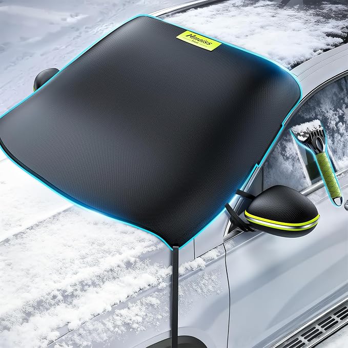 3-in-1 Windshield Snow Cover for Ice & Snow Frost — 600D Heavy Cover & Ice Scraper Complete Winter Protection with 360° Windproof Design and Multi-Layer Winter Car Kit for Cars, Trucks, SUVs