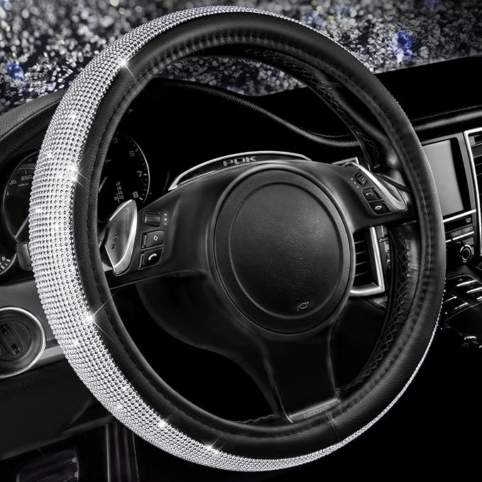 Bling Diamond Leather Steering Wheel Cover, with Bling Sparkly Crystal Glitter Rhinestones Universal Fit 14.5in-15in Car Wheel Protector for Women Girl Fit Suvs,Vans,Sedans,Car,Trucks, Silver