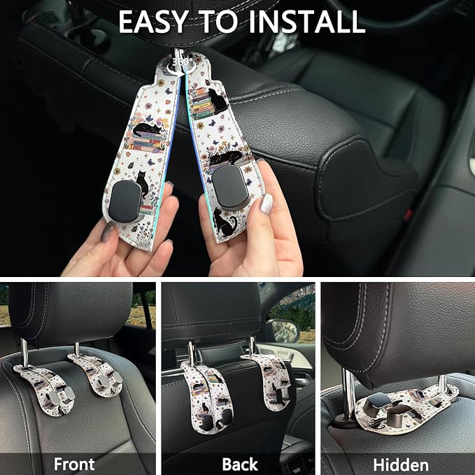 2PCS Car Hooks for Purses Bags, Book Lover Bookish Black Cat Seat Back Storage Headrest Holder Hanger PU Leather Double Metal Backseat Organizer, Women Car Accessories Organization