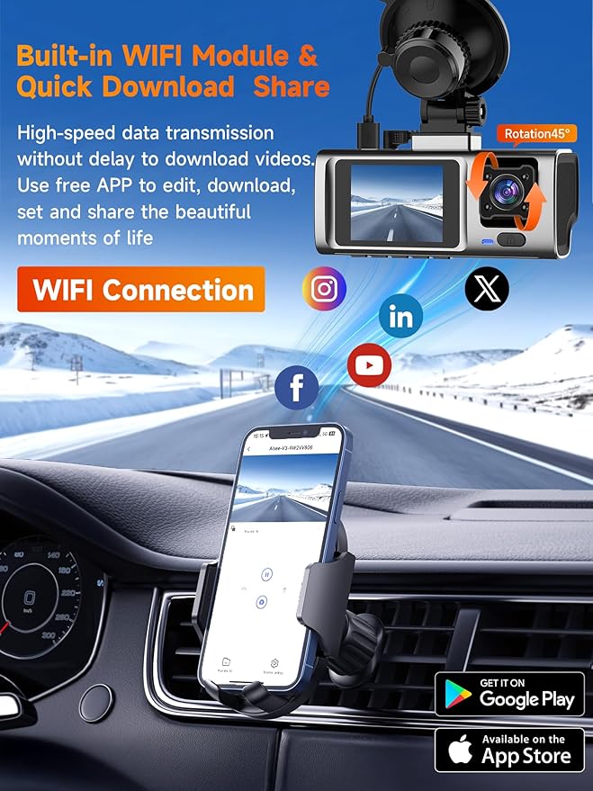 3 Channel 2.5K Dash Cam with 5GHz WiFi & APP Control, 2.5K+1080P+1080P Front Inside and Rear, Triple Dash Camera with SD Card, 24 Hours Parking Mode, Loop Recording, Night Vision
