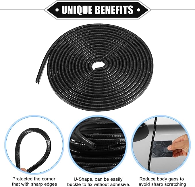 Car Door Edge Guard, 16.4ft U Shape Rubber Edge Trim Seal Strip Protector Universal for Car Truck ATV Boat Multifunctional No Glue PVC Iron Black