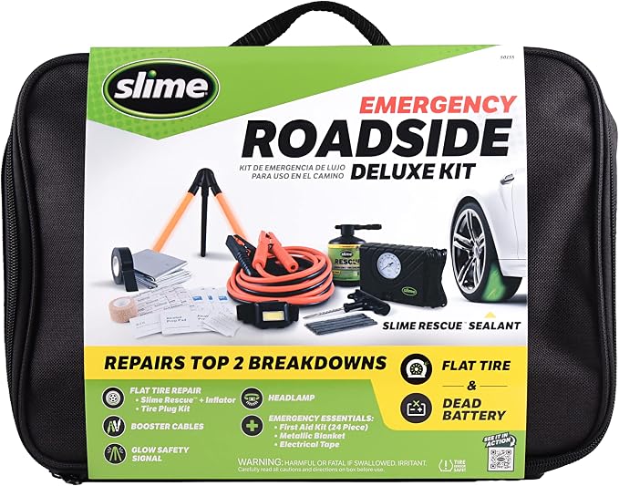 50155 Deluxe Emergency Roadside Kit with Flat tire Repair and Booster Cables for Compact Cars, Standard Cars and Crossovers
