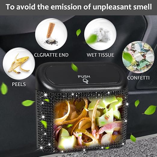 2 Pack Bling Car Trash Can with Lid, Small Garbage Can, Auto Garbage Storage Bin with 90pcs Garbage Bags, Sparkling Crystal Trash Bags Holder for Car, Home, Office Storage (Black Rhinestone)