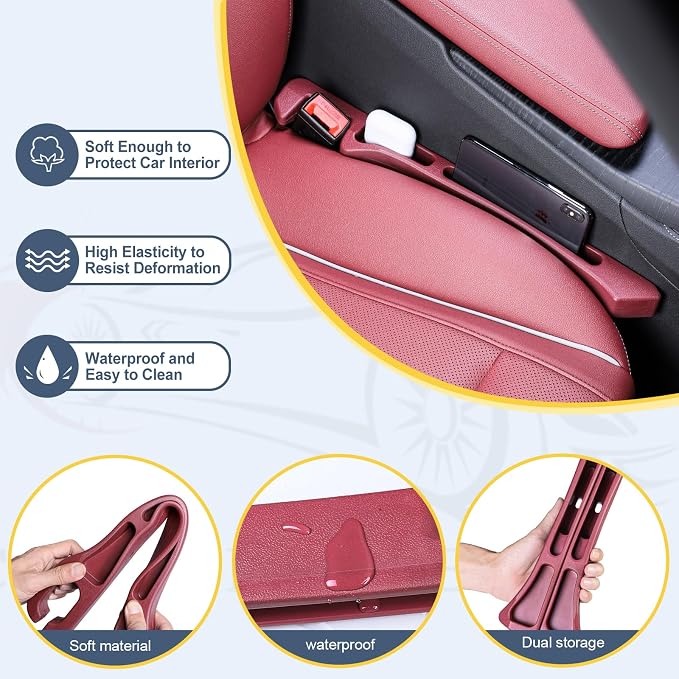 Car Seat Gap Filler 2 Pack，Seat Gap Filler Between Seat and Console,No Drop Gap Filler with Storage,Universal Fit Car Gap Filler for Car SUV Truck Auto Accessories（Wine Red）