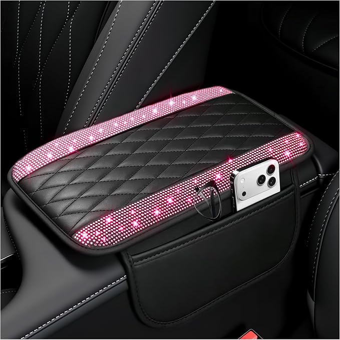 Stacool Upgraded Car Center Console Cover with Rhinestones,Microfiber Leather Car Armrest Cover Cushion with 2 Storage Bags,Universal Cars Armrest Storage Box as Cars Interior Accessories
