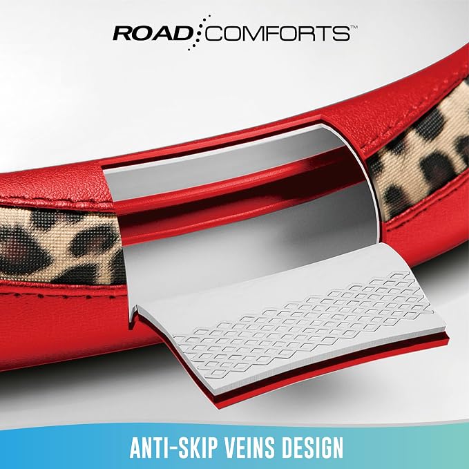 Steering Wheel Cover - Made with PVC Leather and Leopard Fabric - Universal 14 1/2 inches to 15 inches for Most Automotive Steering Wheel - Cheetah Print -Red
