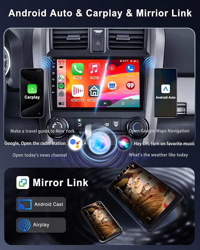 8 Core 6G+128G Android Car Radio for Honda CRV 2007-2011, 9" IPS Touchscreen with Wireless Carplay & Android Auto & Mirror Link, Backup Camera, Bluetooth, FM/RDS/GPS/DSP/USB/WiFi