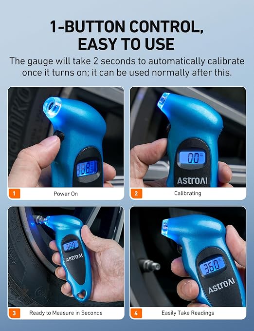 Digital Tire Pressure Gauge 0-150PSI Calibrated to ANSI B40.7 +/-1PSI, Accurate in 0.1 Increments, Tire Repair Tools 4 Pressure Measurements for Car Truck with Backlight LCD, Blue