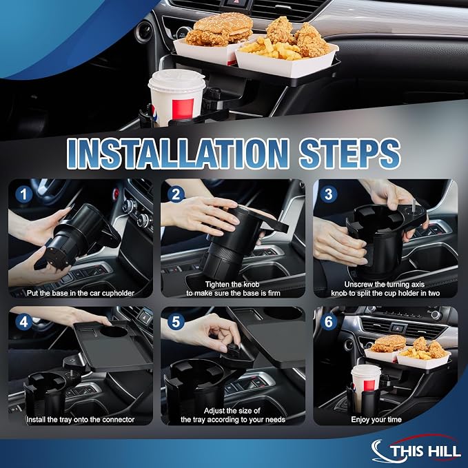 This Hill 2 Pack Cup Holder Tray for Car, 2 in 1 Detachable Car Food Table Tray with 3.93" Base & Phone Slot,Car Cup Holder Expander with 360°Rotation Tray for Travel Road Essentials Accessories