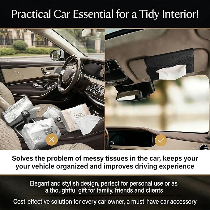 Car Tissue Holder, Car Napkin Holder, PU Leather Auto Visor Tissue Box, Auto Interior Accessories Sun Visor Paper Towel Cover Case Backseat Napkin Organizer for Sedan Truck SUV (Black)