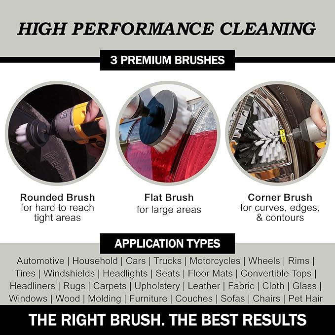Car Detailing Kit | Set – Soft Bristle Power Scrubber Attachments for Cleaning Car Interior, Upholstery, Carpet, Seats, Wheels, Rims, Dash, Console, and Trim - Nylon Scrub Brush