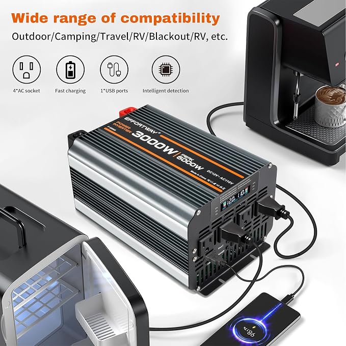 3000w Power Inverter DC 12V to AC 110V/120V Converter with 6000w Peak.Comes with LCD Display, Wireless Controller,4AC outlets 1USB.RV Inverter,Suitable for Camping,and Off-Grid Solar Inverter Systems