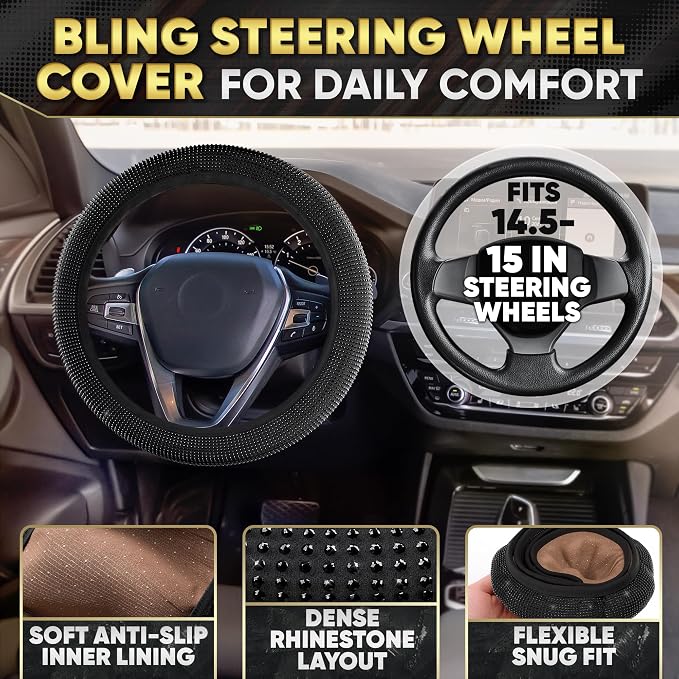 Black Bling Car Accessories Set - 27 Pieces Car Interior Kit with Rhinestone Steering Wheel Cover, Diamond License Plate Frame, Phone Holder, Coaster & Hook, Great Gift for Drivers