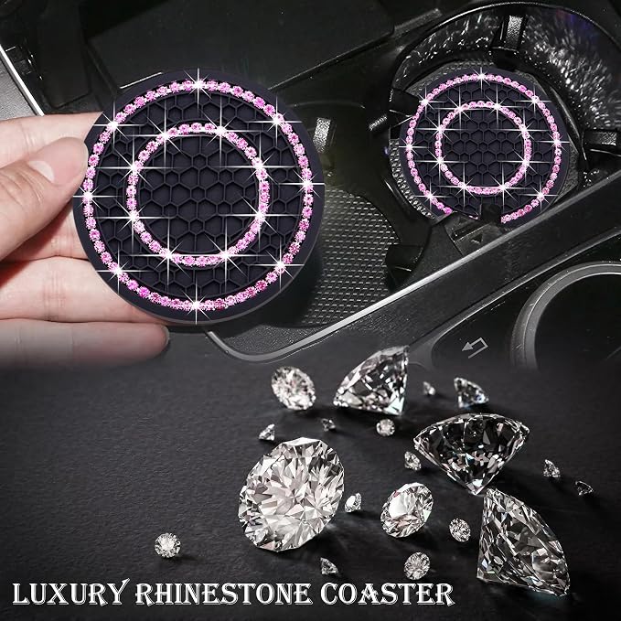 2PCS Bling Crystal Rhinestone Cup Coaster Insert, 2.75 inch Soft Silicone Anti-Slip Shockproof, Car Drink Holder Coaster, Universal Car Interior Accessories for Women (Black & Pink)
