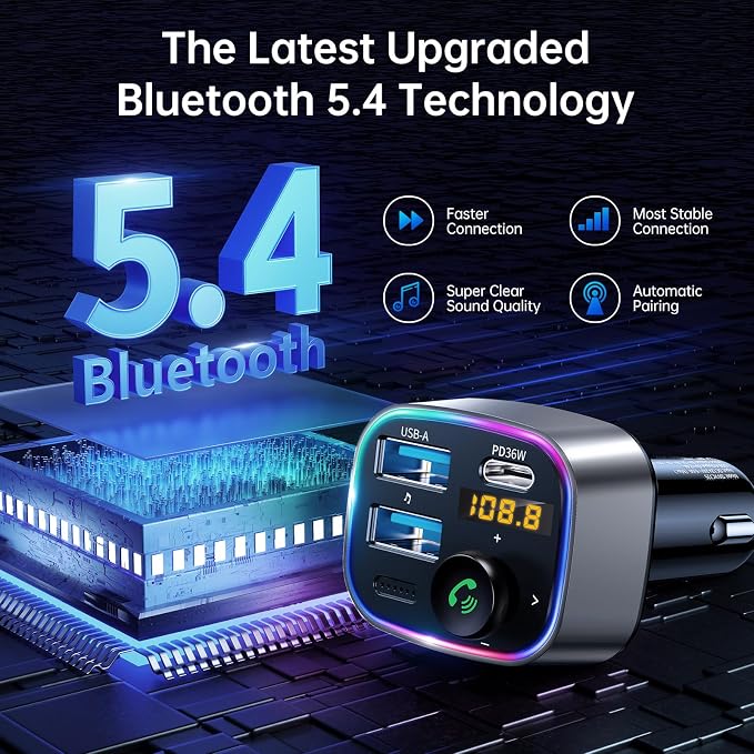 Bluetooth 5.4 FM Transmitter Car Adapter 48W (PD 36W & 12W) [Light Switch] [Hi-Fi Deep Bass] [Fast Charge] Wireless Radio Music Adapter LED Display Hands-Free Calling Support USB Drive