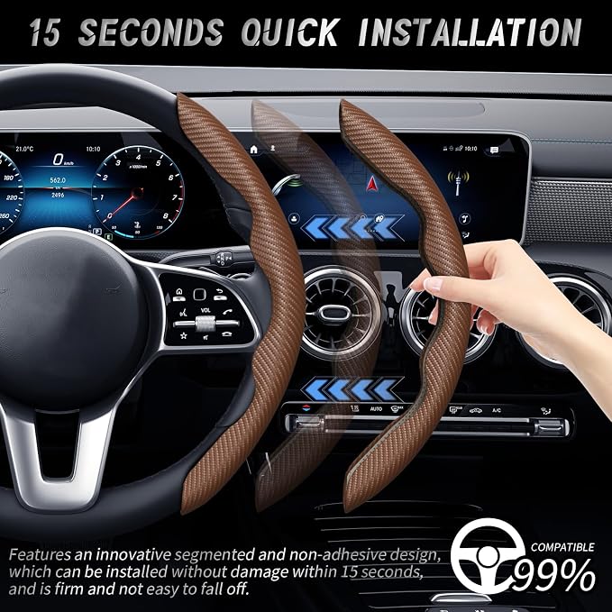 2pcs Car Steering Wheel Cover,Anti-Skid Carbon Fiber Steering Wheel Protector for Men Women,Multiple Color Options,Universal for Most Car Interiors Accessories (Brown)