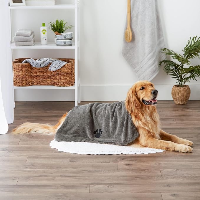 Pet Grooming Towel Collection Absorbent Microfiber X-Large, 41x23.5", Embroidered Gray