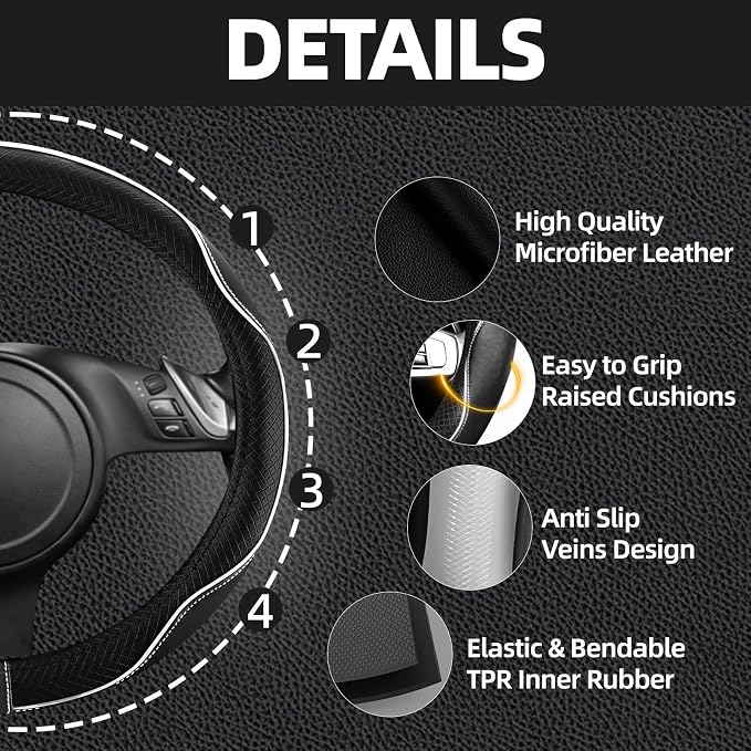 6 PCS Car Steering Wheel Cover Set, Microfiber Leather Steering Wheel Covers Universal 14.5-15 inch, Center Console Cover, Seat Belt Cushion, Cup Holder Coaster, Car Accessories Set White
