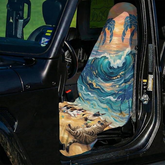 2 Pack Car Seat Towel Covers, Sweat-Proof Microfiber Seat Protectors for Gym, Running, Beach & Workout, Breathable Quick-Dry, Machine Washable, Ocean Cat Beach Print, Universal Fit