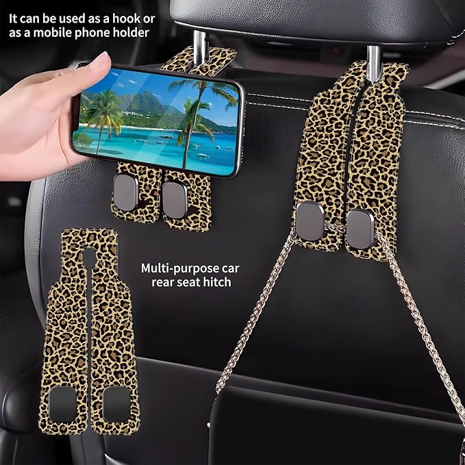 Purse Hook for Car Abstract Brown Leopard 1 Pack Headrest Back Seat Hook Premium Leather Double Metal Hanger Storage Pack Bag Purse Holder Car Accessories