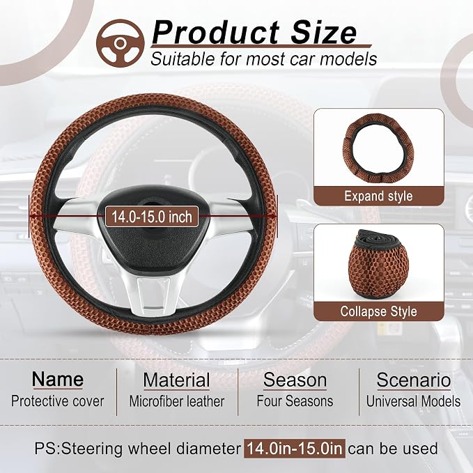 Elastic Stretch Steering Wheel Cover, Breathable Microfiber Ice Silk, Anti-Slip, Easy Carry, Universal Interior Accessories Steering Wheel Cover for Women & Men (Brown-Black)