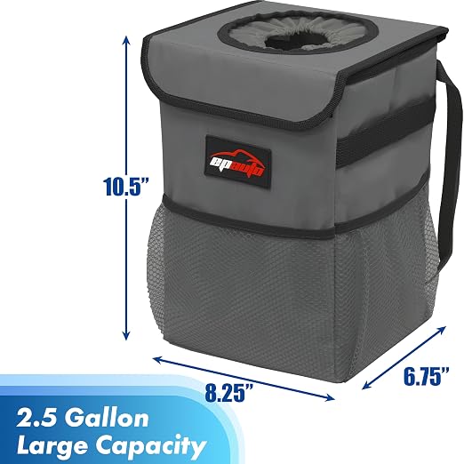 Waterproof Car Trash Can with Lid and Pockets, 2.5 Gal, Dark Gray | Leakproof, Collapsible Multipurpose Car Bin with 3 Side Storage Pockets, Adjustable Straps