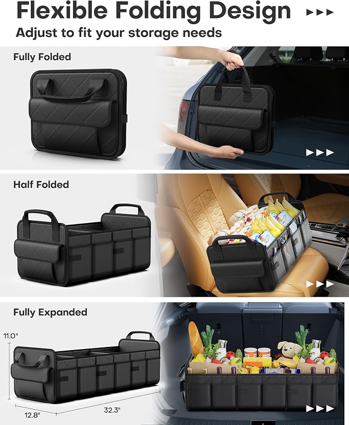 Trunk Organizer for SUV – Foldable & Portable Car Organizers and Storage with 3 Compartments, Large Capacity Car Trunk Organizer Car Accessories for Truck Sedan, Black, 32.3" x 12.8" x 11.0"