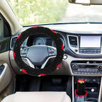 Crochet Steering Wheel Cover Set,Cute Car Steering Wheel Cover Boho 14-15in,Pink Strawberry Granny Square Pattern,Women Car Accessories (Black (Steering+Shift Knob) Cover)
