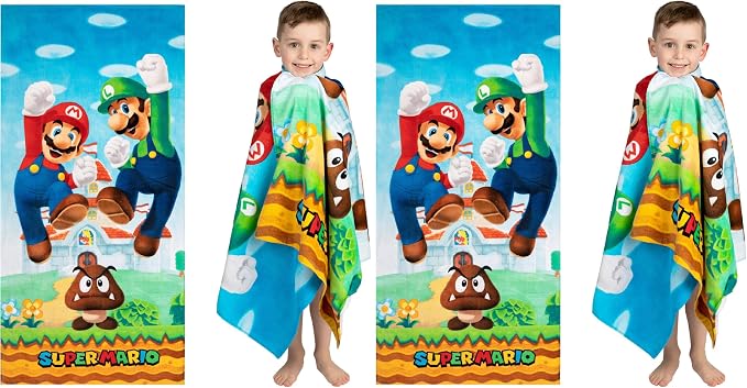 Super Mario Official Nintendo Kids Super Soft Cotton Bath/Pool/Beach Towel,58 in x 28 in,(Pack of 2)