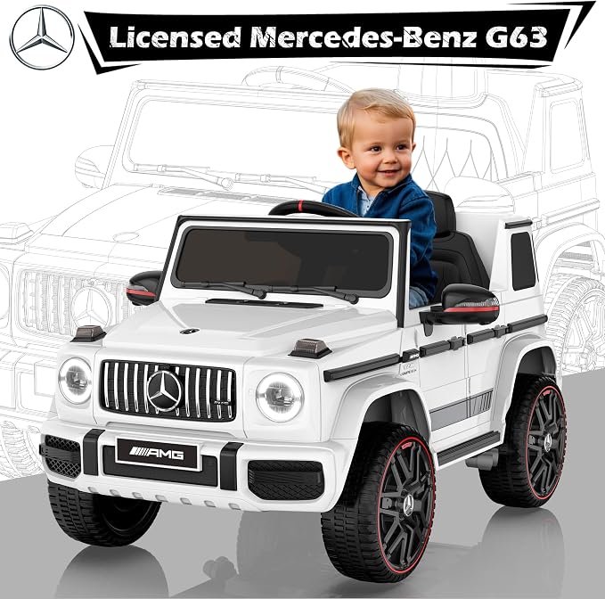 Licensed Mercedes-Benz G63 Car for Kids, 12V 7AH Ride on Car w/Parent Remote Control, LED Headlights, Music Player & Horn, Soft Start, Low Battery Prompt, Kids Electric Car, White