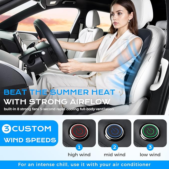 Coverado 12V-24V Ventilated Cooling Car Seat Cover Front Seat, Upgraded 3 Adjustable Wind Speeds Long Lasting Coolness Summer Driving Seat Cushion Universal Fit for Car SUV Truck, Classic Black