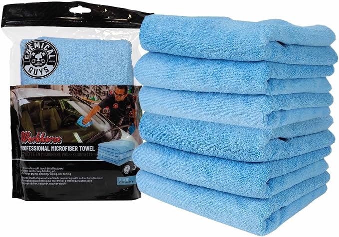 Workhorse Professional Microfiber Towels, Blue - 6 Pack Ultra-Soft Blend Detailing Towels for Wax, Glaze, Interior, Glass & All-Purpose Cleaning 16" x 16"