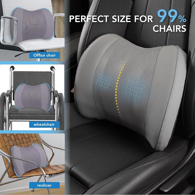 Lumbar Support Pillow for Car, Car Seat Back Support for Driving | Memory Foam Car Lumbar Support for Driving Seat, Car Back Cushion, Adjustable Straps, Lower Back Pillow, Office Chairs, Gray