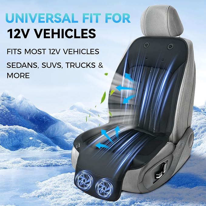 Cooling Car Seat Cover Front Driver Seat,Universal 12V Ventilated Car Seat Cushion with Smart Auto On/Off, Breathable Mesh & Leather AC Seat Protector, Cooling Fan Seat Cover for Car SUV Truck,Black