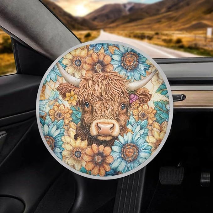 Boho Car Steering Wheel Sunshade Protector, Heat-Resist Cloth Steering Wheel Cover for Most of Car SUV Truck Van, Highland Cow