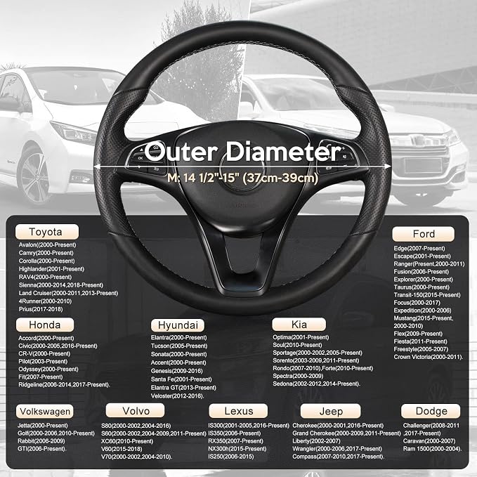 Car Steering Wheel Cover for Medium Standard Size Steering Wheels with 14 1/2-15 inches Outer Diameter, Black and Beige Microfiber Leather
