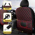 Leatherette Car Seat Protector - 2 Pack Large Car Kick Mats with Storage Organizer Seat Back Cover Against Dirty Shoes & Scratches, Universal Fit for Most Vehicles (Black with Red Line)