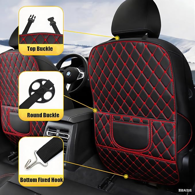 Leatherette Car Seat Protector - 2 Pack Large Car Kick Mats with Storage Organizer Seat Back Cover Against Dirty Shoes & Scratches, Universal Fit for Most Vehicles (Black with Red Line)