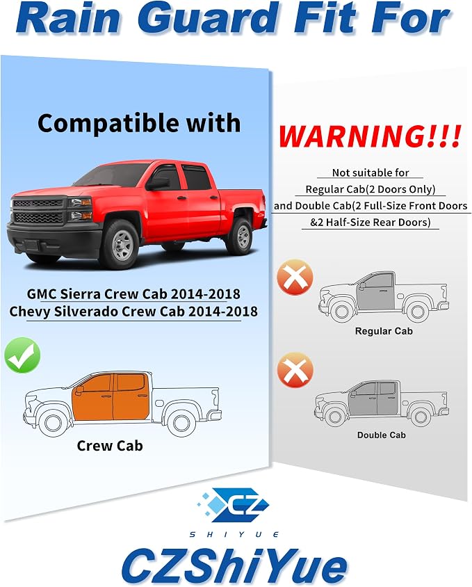 in-Channel Window Rain Guards Fit for Chevrolet(Chevy) Silverado & GMC Sierra Crew Cab 2014-2018 Extra Durable Window Deflectors Truck Window Vent Visors Vent Shades Exterior Car Accessories