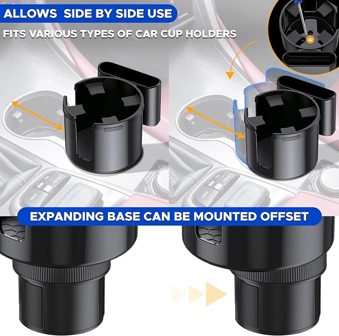 Car Cup Holder Expander | Fits with Hydro Flasks, Yeti, Nalgene & Large Water Bottle (32 40 oz) | Phone Holder - Adjustable Automotive cupholder Extender for car with Expandable Base | Black