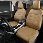 Piping Leather Seat Cover,Universal FIT with Composite Sponge Inside,Airbag Compatible and Reserved Opening Holes,Inside zipper for Cars,Sedan,SUV,Truck(Full Set,Beige with Tan Piping-Stripe)