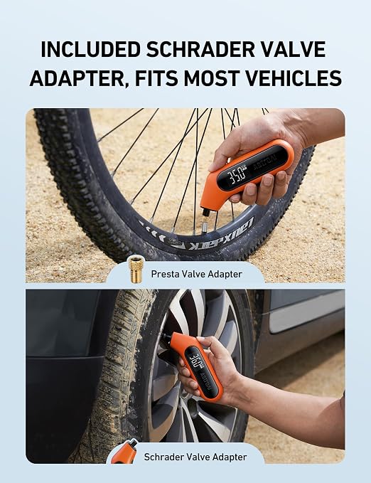 Digital Tire Pressure Gauge 3-300PSI Calibrated to ANSI B40.7 Grade 2A (0.5%), Backlight and Flashlight, Presta Valve Adaptor Included, 4 Units, AAA Batteries, Orange, 2Pack