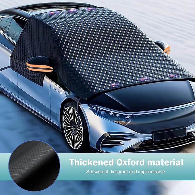 Car Windshield Sun Shade, Thickened 2-in-1 Car Sun Shade & Snow Shield, All-Season Windshield Cover with Reflective Strips and Rearview Mirror Protectors, Universal for Most Cars (Black)