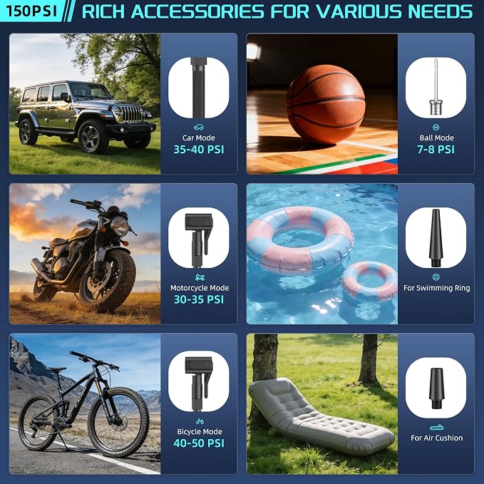 Portable Air Compressor Tire Inflator with Digital Pressure Gauge, LED Lights & Auto Shut-Off Function, Cordless Tire Air Pump with 12V DC Car Plug for Car, Motorcycle, Bicycle, Ball