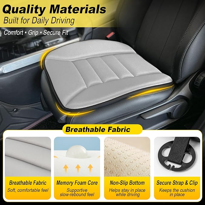 3-Piece Car Seat Cushion Set, 1.2inch Memory Foam Comfort, 2 Front Automotive Seat Cushions + Rear Bench Cushion, Non-Slip Bottom, Fits Sedan SUV Truck Van, Car & Office Chair, Gray