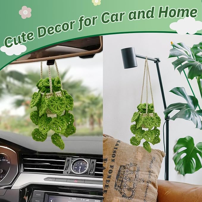 Crochet Hanging Plant for Car,Car Decorations Interior,Plant Aesthetic Car Accessories for Women Interior Cute,Car Ornaments Charms for Rear View Mirror,Boho Car Decoration Gifts