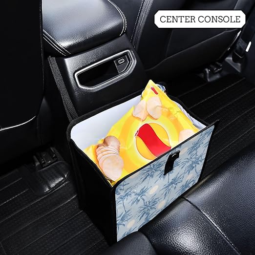 Car Trash Can Organizer Bin with Adjustable Strap for Back Front Seat Console Waterproof Leakproof Collapsible Portable 8.66 Inch Light Blue Palm Trees and Sun