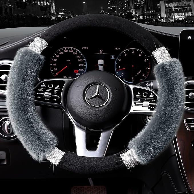 Rhinestone Fluffy Steering Wheel Cover - Comfortable Non-Slip Luxury Faux Wool, Universal Fit for 14.5" to 15" Steering Wheels